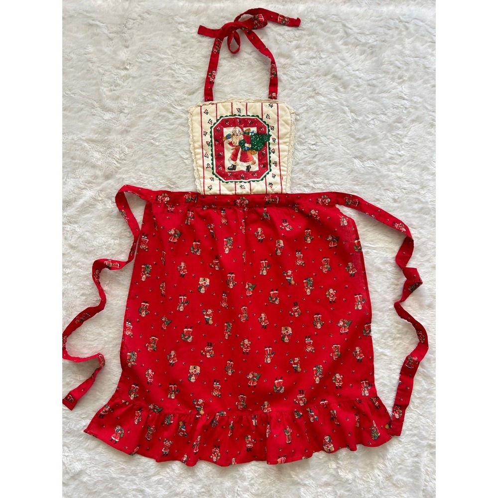 VTG 90s Gourmet Gallery Christmas Apron Quilted Bib Ruffle Trim EXCELLENT USA - Picture 4 of 7